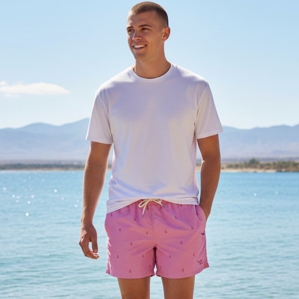 Barbour‎ Mens Pink Sailboat Print Swim Trunks Shorts MSW0026PI31 XL 5 Inseam